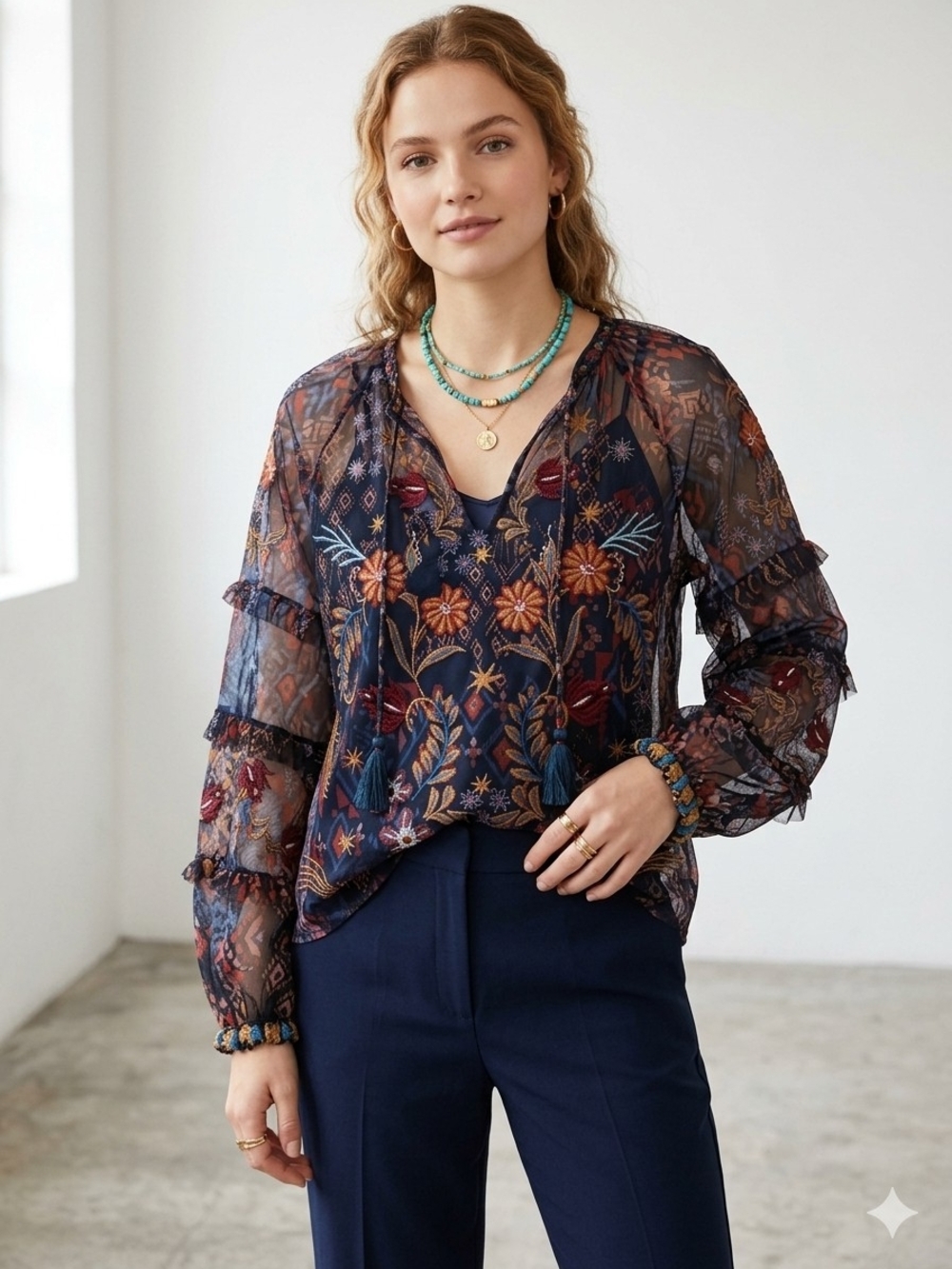 Johnny Was Sapphire Embroidered Mesh Blouse Bohemian Tassel Size M